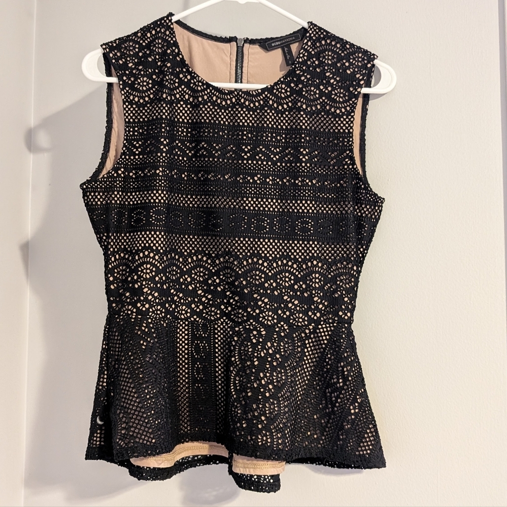 Bcbg MaxAzria Peplum Tank Top Sleeveless Black Lace Size Small